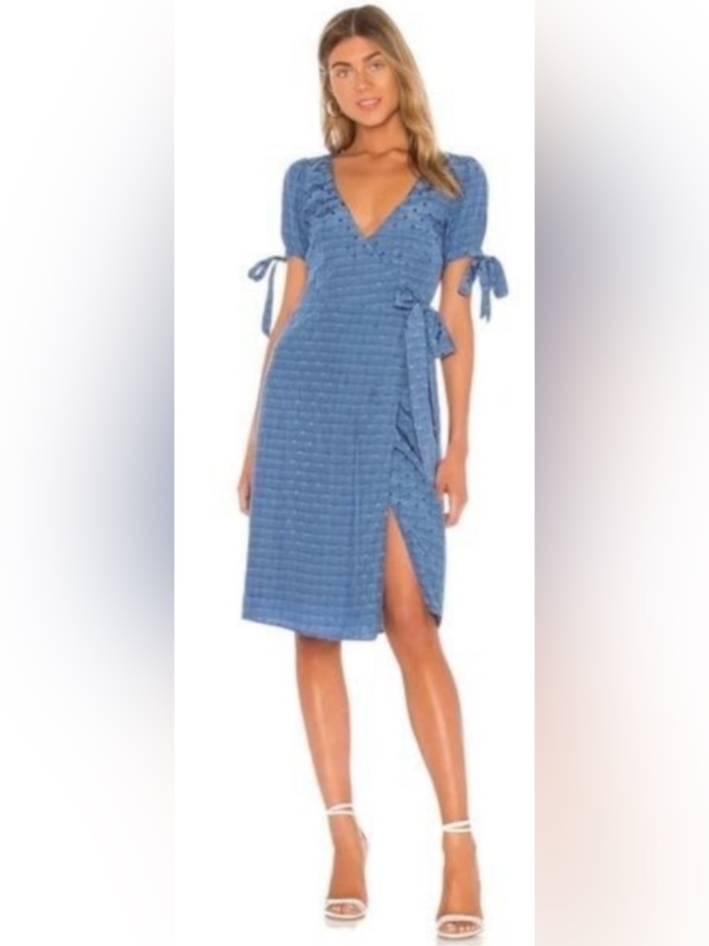 MAJORELLE Dusty Blue Tie-Sleeve Wrap Midi Dress